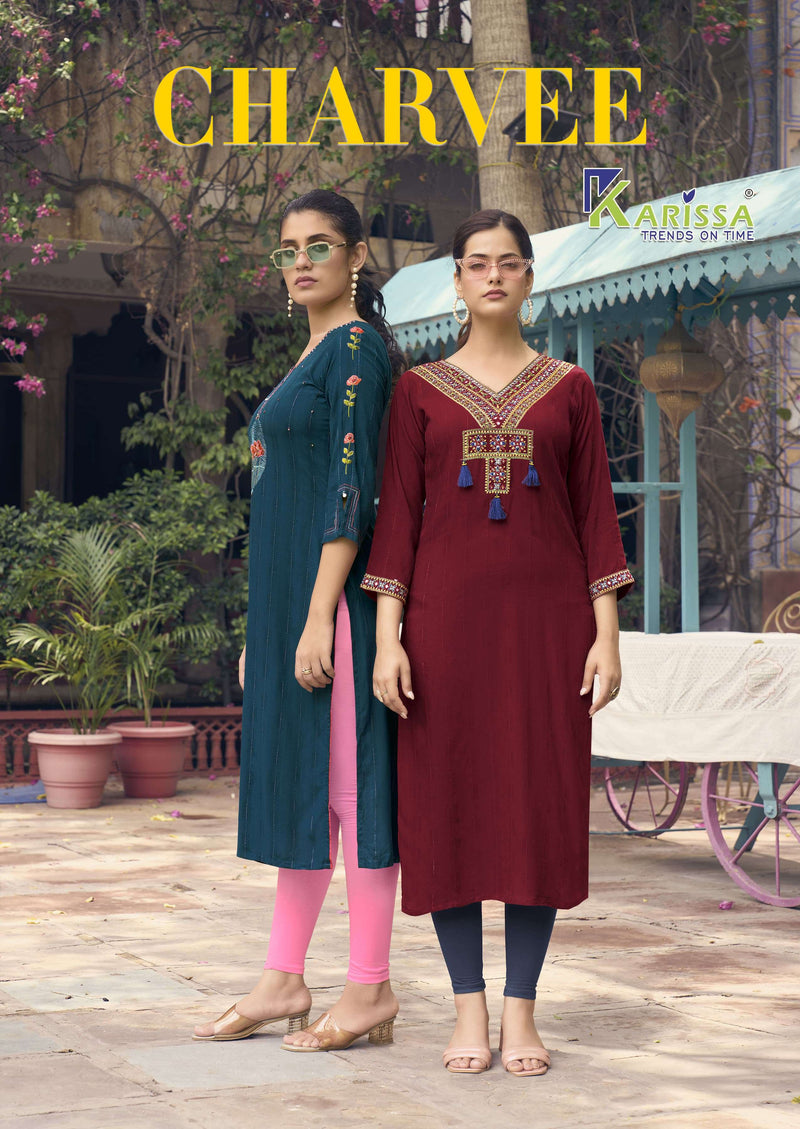 Karissa Charvee  Rayon Weaving Effect Thread Work With Handwork Casual Wear Kurti