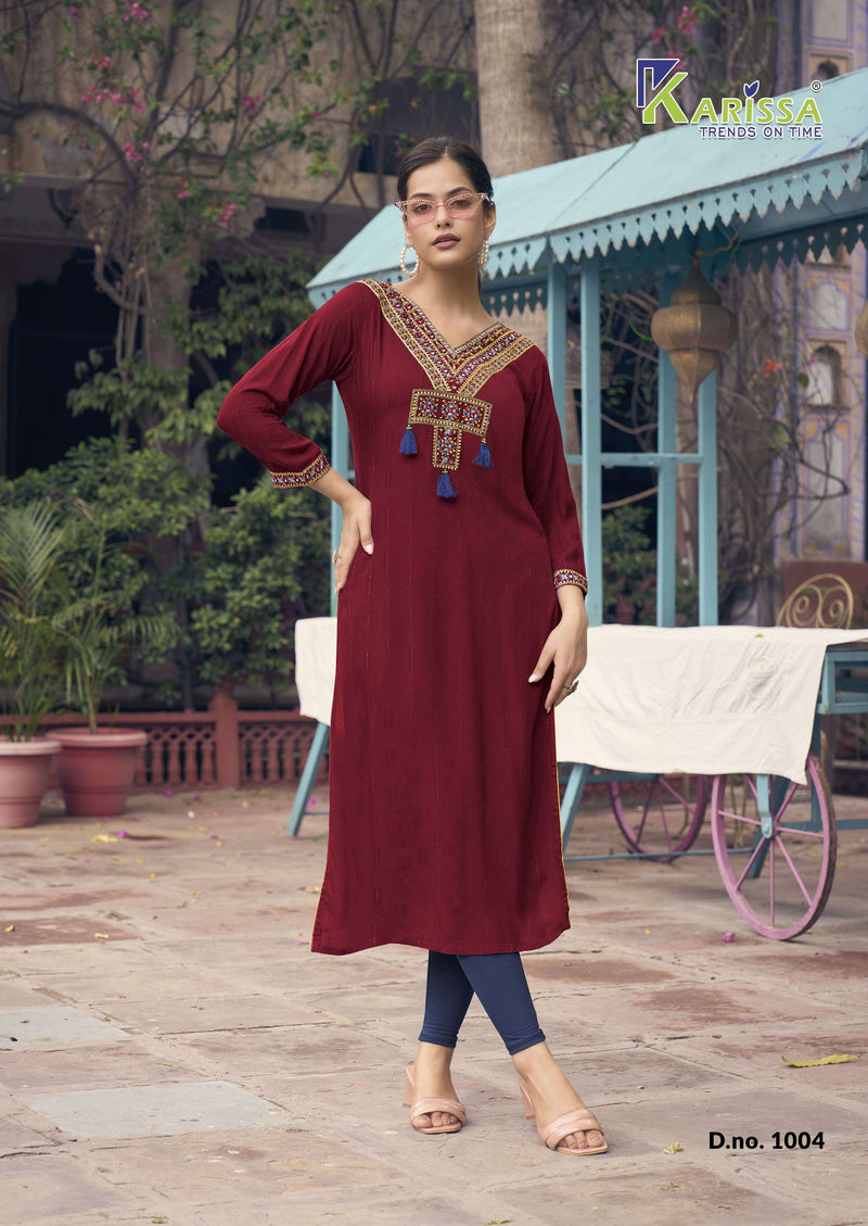 Karissa Charvee  Rayon Weaving Effect Thread Work With Handwork Casual Wear Kurti