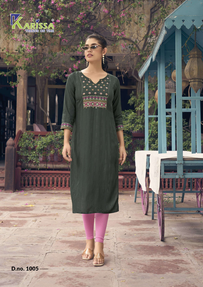 Karissa Charvee  Rayon Weaving Effect Thread Work With Handwork Casual Wear Kurti