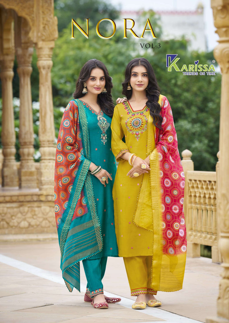 Karissa Nora Vol 3 Viscose Thread Hand Khatli Work Festiv Wear Kurti Pant Dupatta Set