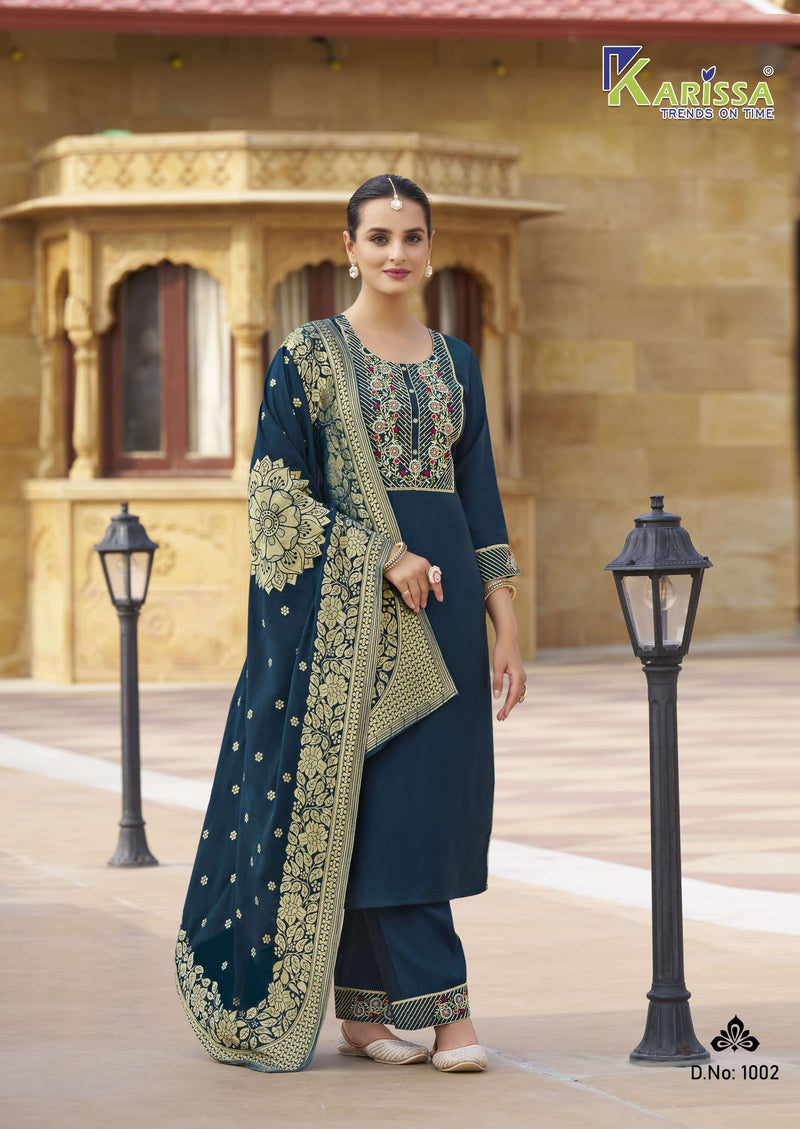 Karissa Roshani Viscose Silk Designer Festiv Wear Kurti Pant Dupatta Set