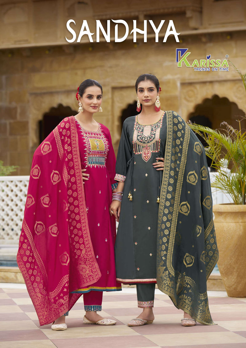 Karissa Sandhya Viscose Silk Sequence Cording Thread Work Festiv Wear Kurti Pant Dupatta Set