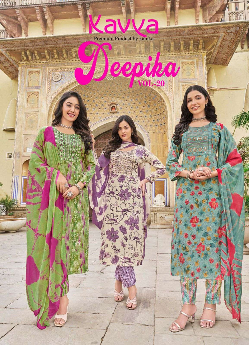 Kavya Deepika Vol 20 Fancy Print Straight  Embrodery Kurti With Nazleen Dupatta Set