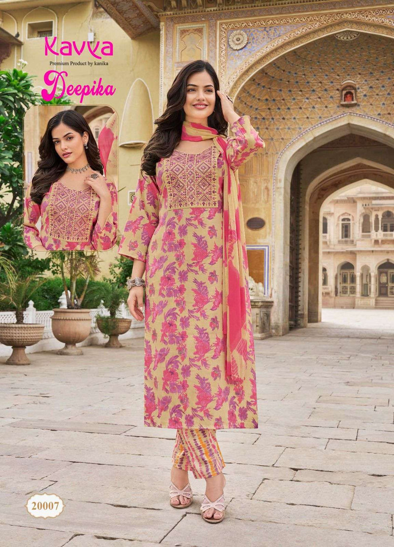 Kavya Deepika Vol 20 Fancy Print Straight  Embrodery Kurti With Nazleen Dupatta Set