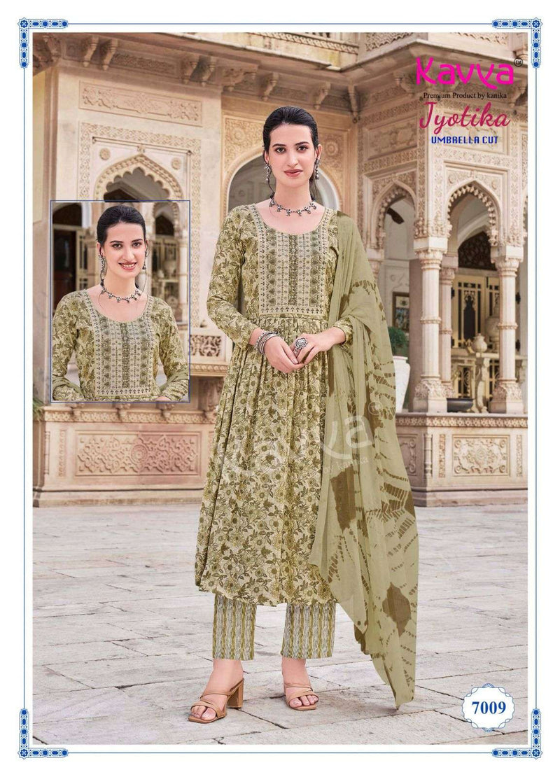 Kavya Jyotika Vol 7 Capsule Foil Print Umbrella Cut Kurti Pant Dupatta Set