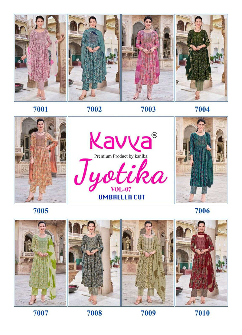 Kavya Jyotika Vol 7 Capsule Foil Print Umbrella Cut Kurti Pant Dupatta Set