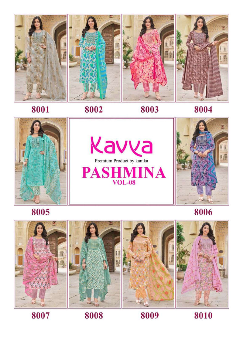 Kavya Pashmina Vol 8 Cotton Embrodiery Daily Wear Kurti Pant Dupatta Set