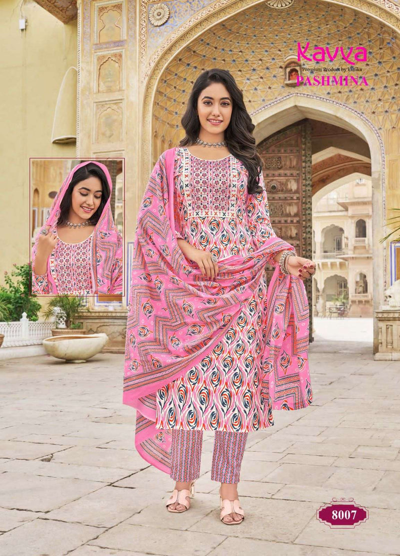 Kavya Pashmina Vol 8 Cotton Embrodiery Daily Wear Kurti Pant Dupatta Set