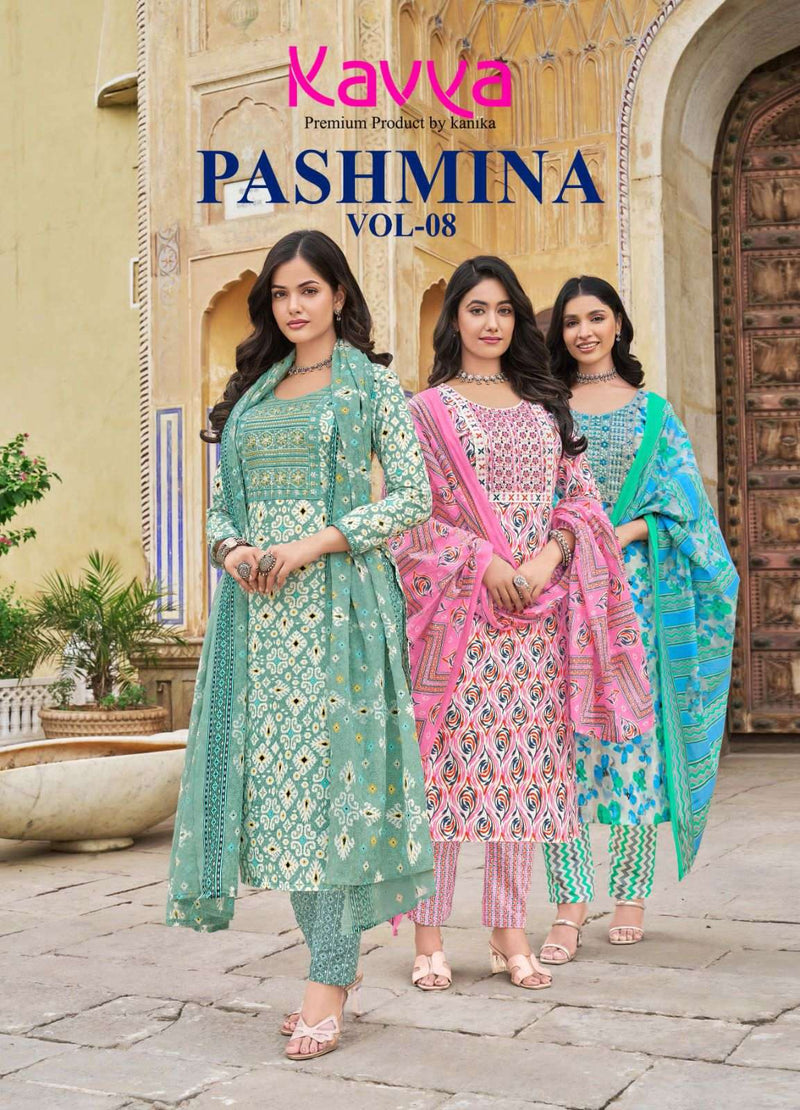 Kavya Pashmina Vol 8 Cotton Embrodiery Daily Wear Kurti Pant Dupatta Set