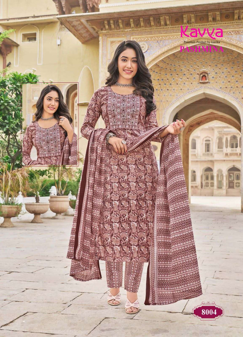 Kavya Pashmina Vol 8 Cotton Embrodiery Daily Wear Kurti Pant Dupatta Set