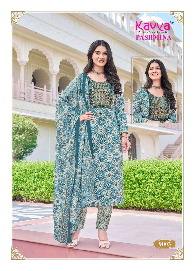 Kavya Pashmina Vol 9 Cotton Embrodiery Neck Work Casual Wear Kurti Pant Dupatta Set