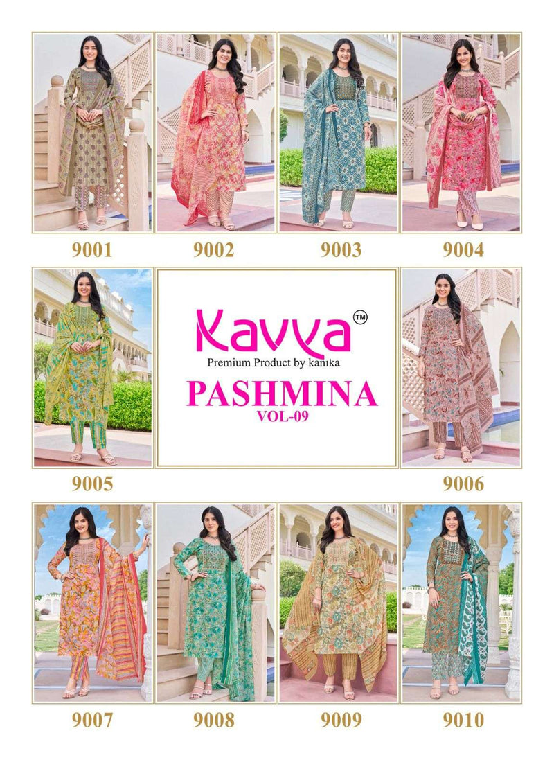 Kavya Pashmina Vol 9 Cotton Embrodiery Neck Work Casual Wear Kurti Pant Dupatta Set