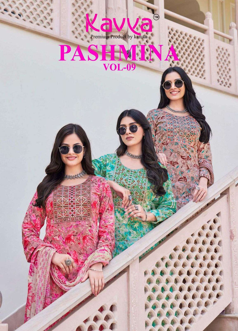 Kavya Pashmina Vol 9 Cotton Embrodiery Neck Work Casual Wear Kurti Pant Dupatta Set