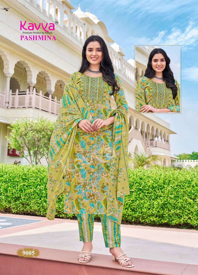 Kavya Pashmina Vol 9 Cotton Embrodiery Neck Work Casual Wear Kurti Pant Dupatta Set