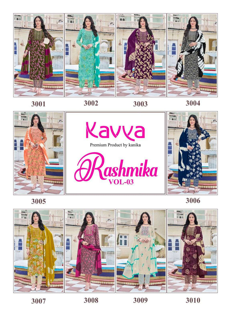 Kavya Rashmika Vol 3 Rayon Daily Wear Straight Kurti  Pant Dupatta Set