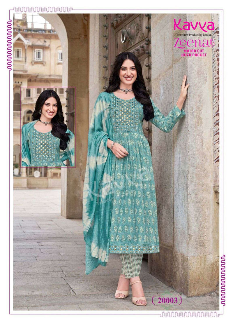 Kavya Zeenat Vol 20 Capsule Foil Print Nayra Cut Kurti Pant Dupatta Set