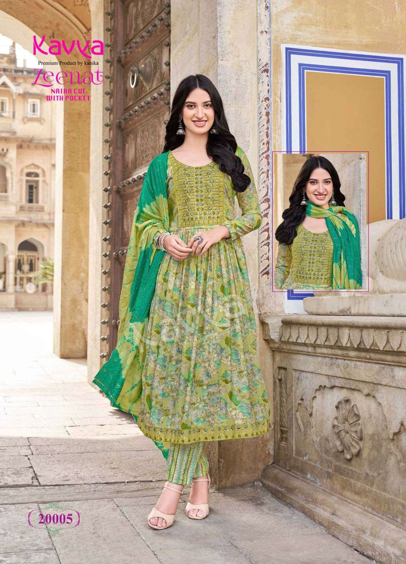 Kavya Zeenat Vol 20 Capsule Foil Print Nayra Cut Kurti Pant Dupatta Set