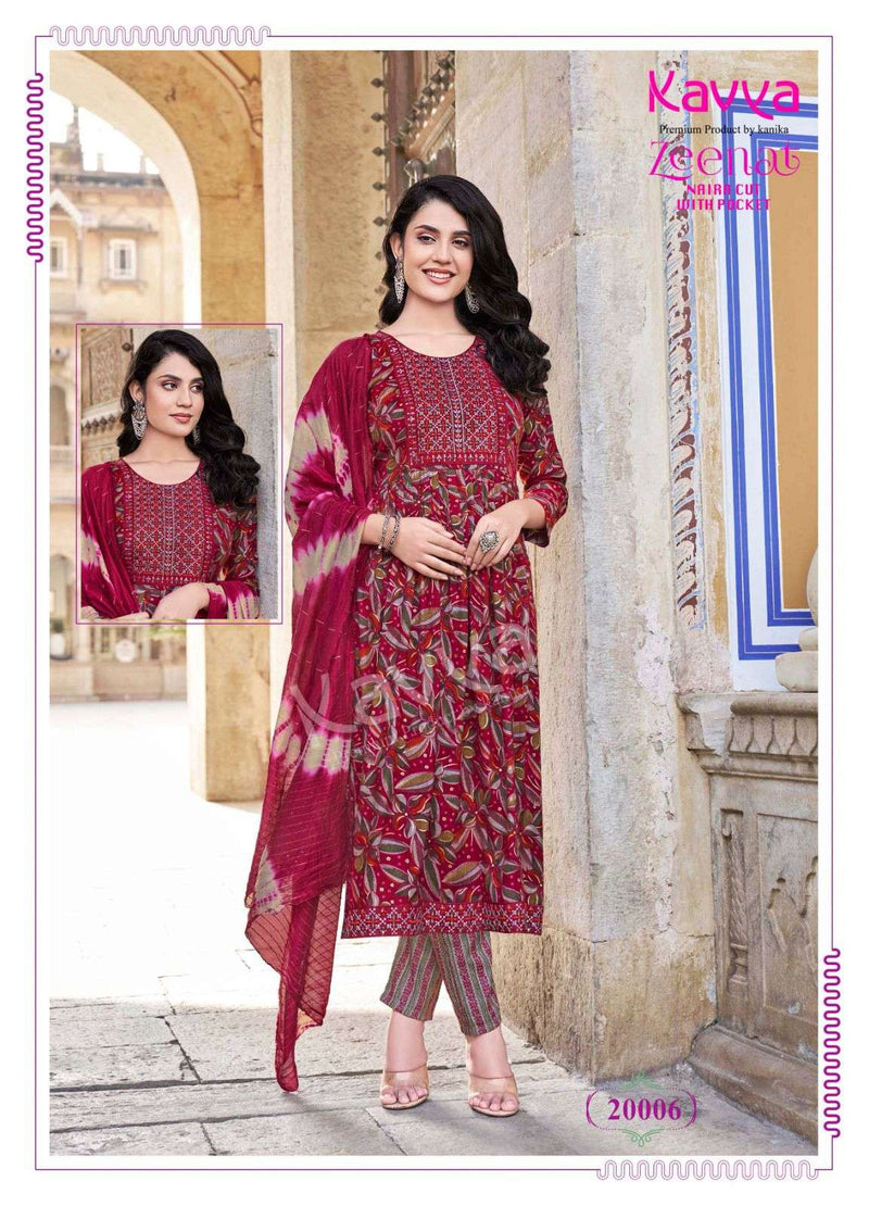 Kavya Zeenat Vol 20 Capsule Foil Print Nayra Cut Kurti Pant Dupatta Set