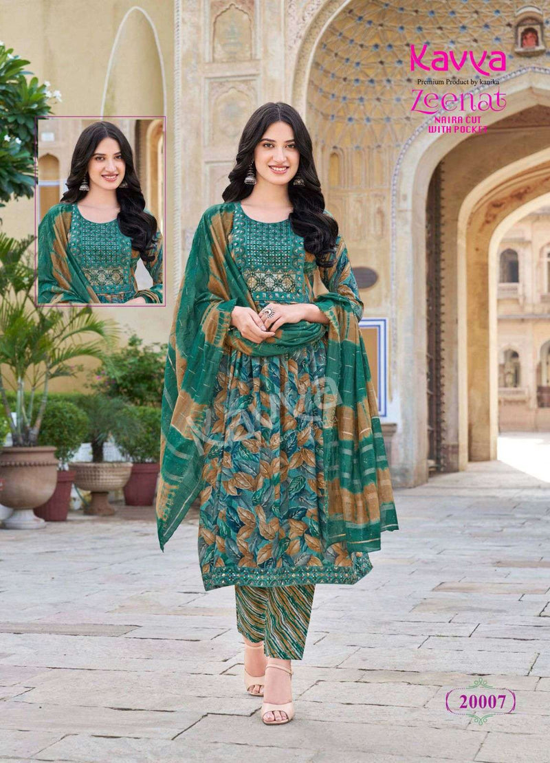 Kavya Zeenat Vol 20 Capsule Foil Print Nayra Cut Kurti Pant Dupatta Set