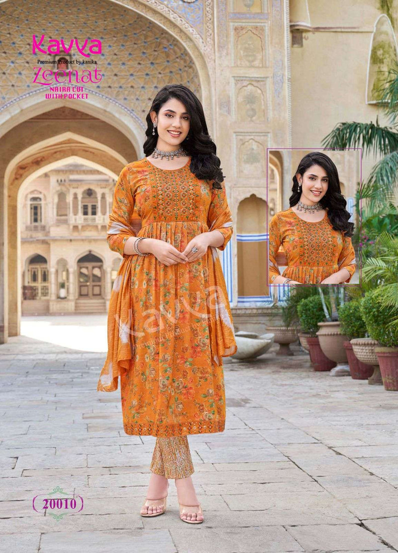 Kavya Zeenat Vol 20 Capsule Foil Print Nayra Cut Kurti Pant Dupatta Set