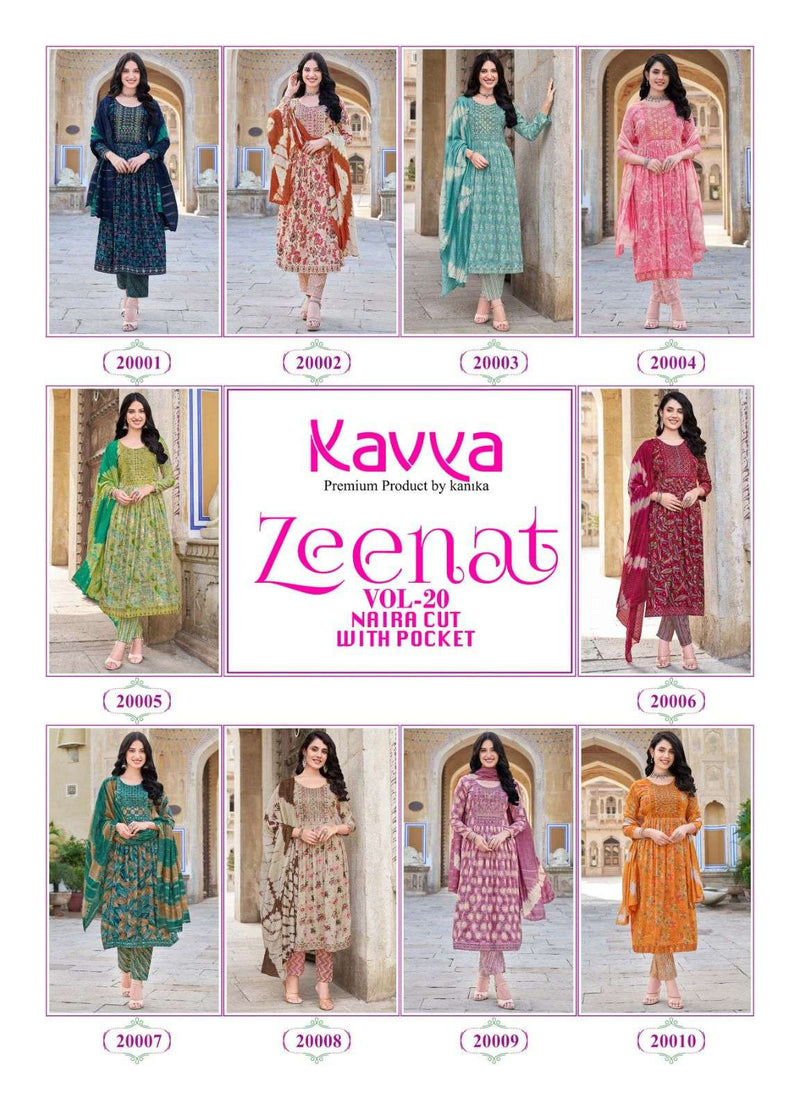 Kavya Zeenat Vol 20 Capsule Foil Print Nayra Cut Kurti Pant Dupatta Set