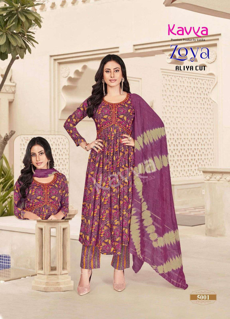 Kavya Zoya Vol 1 Rayon Foil Print Designer Alia Cut Kurti Pant Dupatta Set