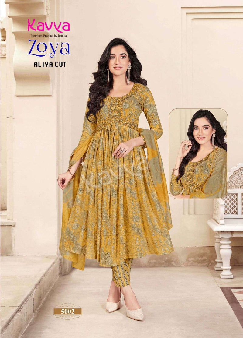 Kavya Zoya Vol 1 Rayon Foil Print Designer Alia Cut Kurti Pant Dupatta Set