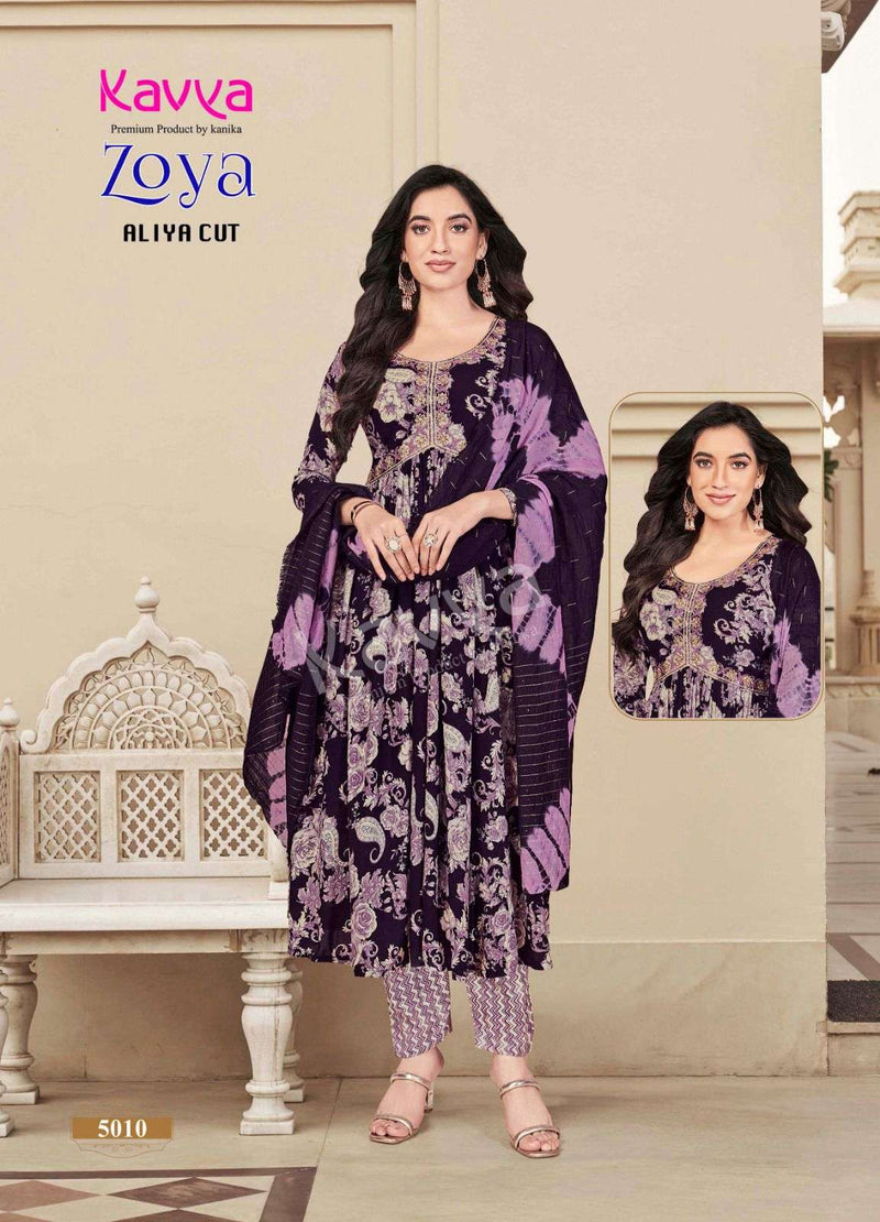 Kavya Zoya Vol 1 Rayon Foil Print Designer Alia Cut Kurti Pant Dupatta Set