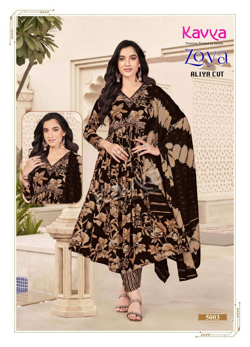 Kavya Zoya Vol 1 Rayon Foil Print Designer Alia Cut Kurti Pant Dupatta Set