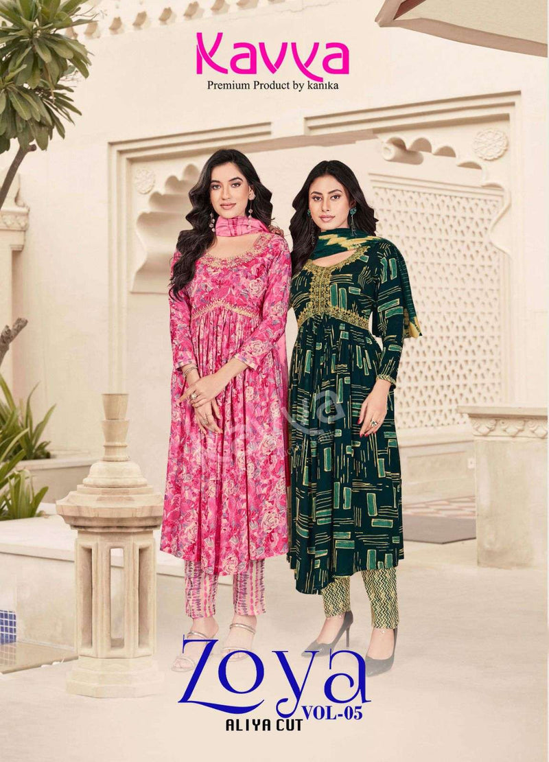 Kavya Zoya Vol 1 Rayon Foil Print Designer Alia Cut Kurti Pant Dupatta Set