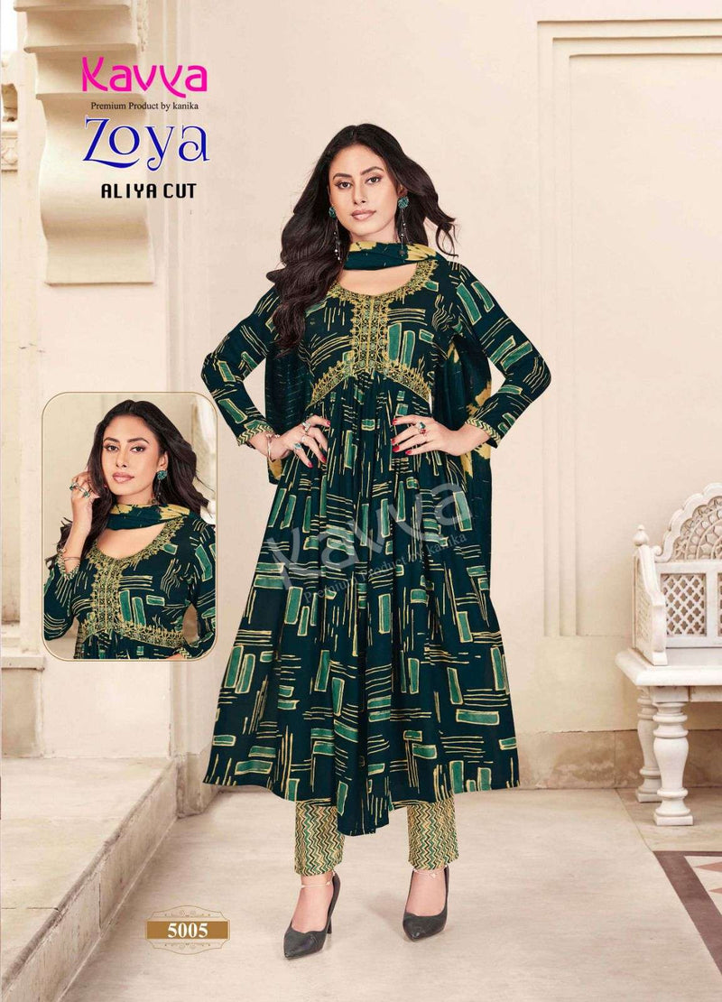 Kavya Zoya Vol 1 Rayon Foil Print Designer Alia Cut Kurti Pant Dupatta Set