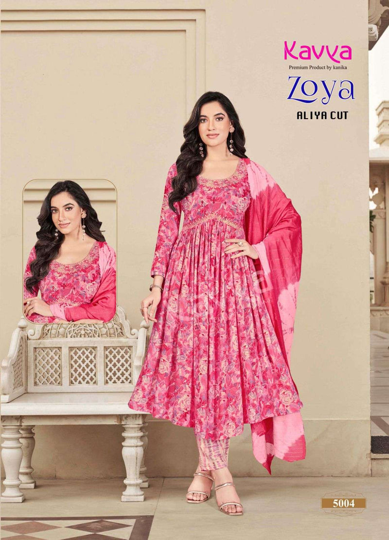 Kavya Zoya Vol 1 Rayon Foil Print Designer Alia Cut Kurti Pant Dupatta Set