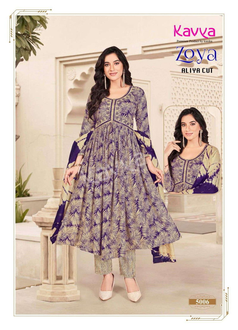 Kavya Zoya Vol 1 Rayon Foil Print Designer Alia Cut Kurti Pant Dupatta Set