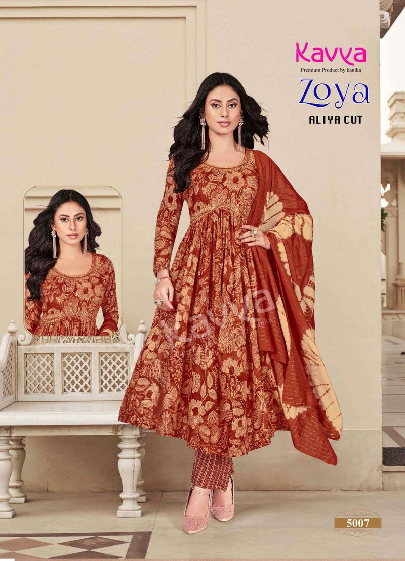 Kavya Zoya Vol 1 Rayon Foil Print Designer Alia Cut Kurti Pant Dupatta Set