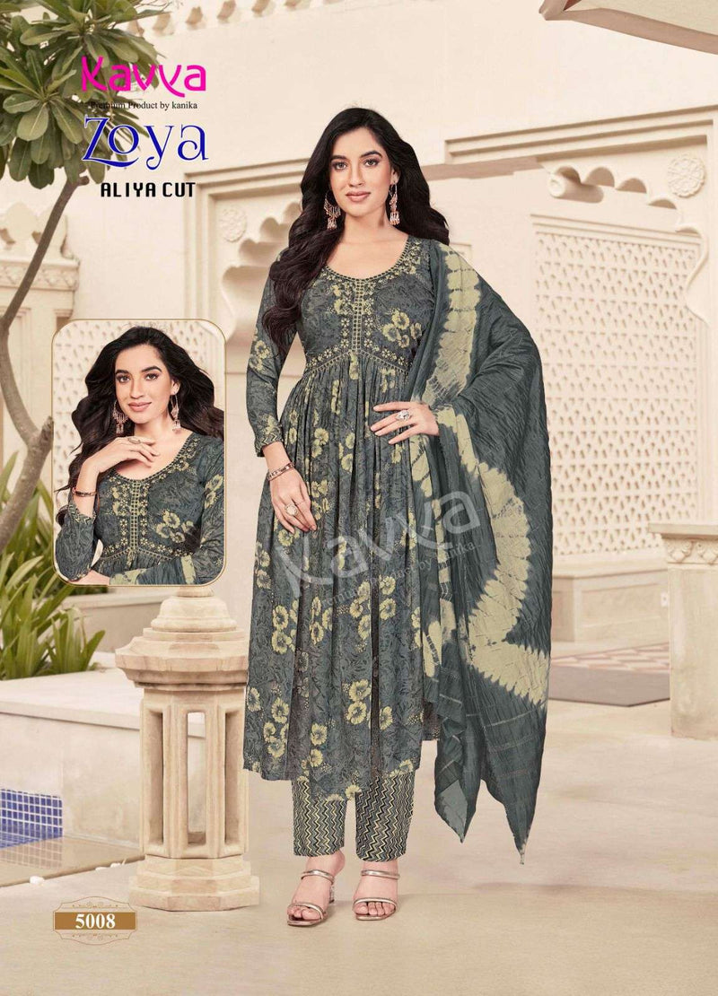 Kavya Zoya Vol 1 Rayon Foil Print Designer Alia Cut Kurti Pant Dupatta Set