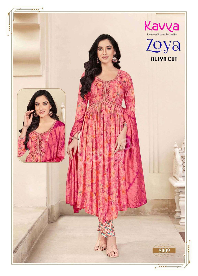 Kavya Zoya Vol 1 Rayon Foil Print Designer Alia Cut Kurti Pant Dupatta Set