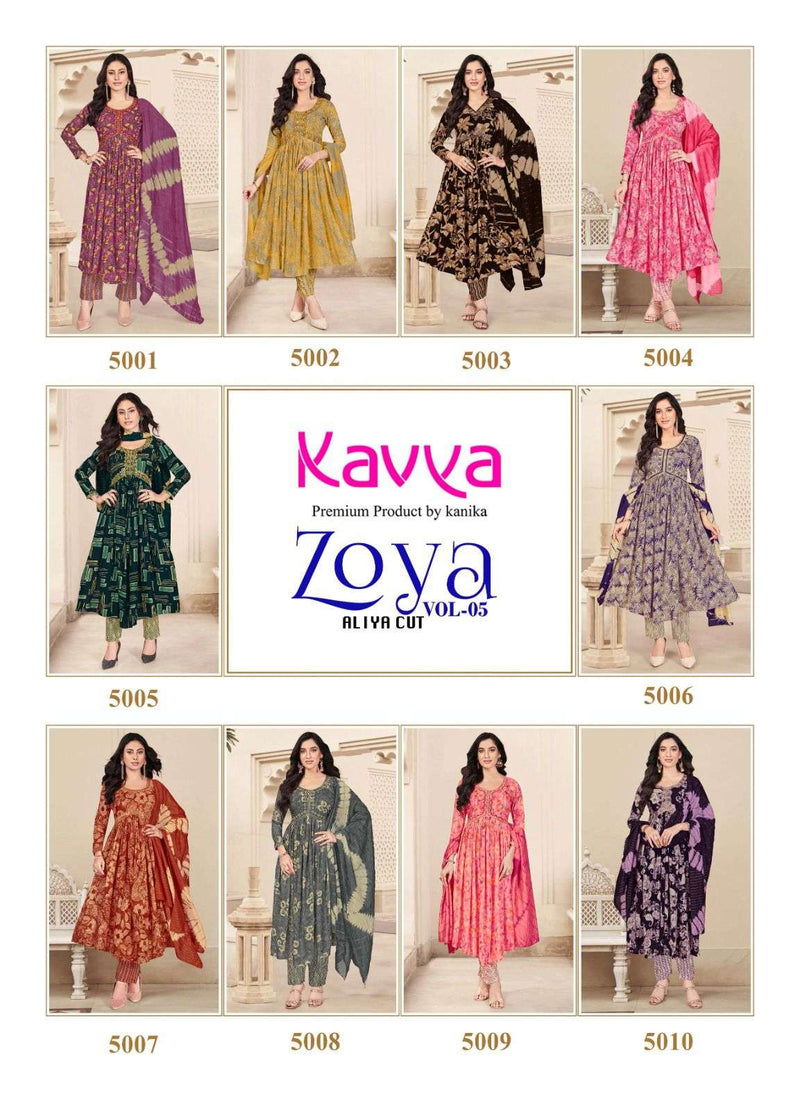 Kavya Zoya Vol 1 Rayon Foil Print Designer Alia Cut Kurti Pant Dupatta Set