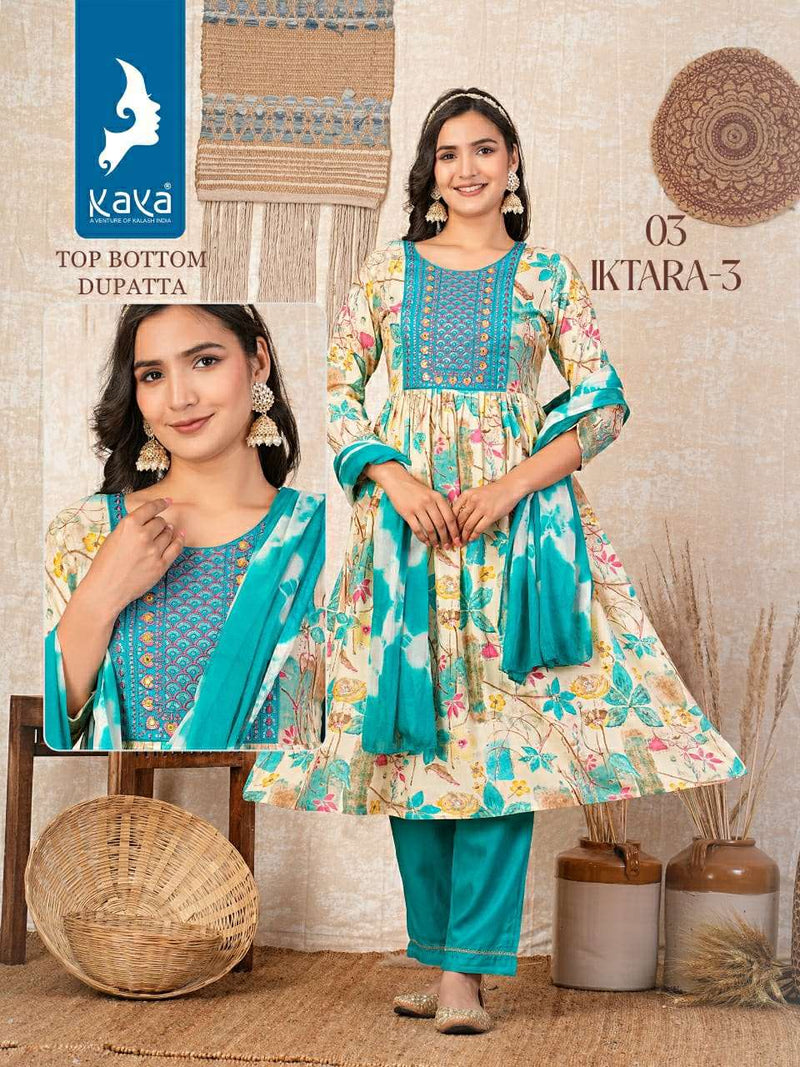 Kaya Iktara Vol 4 Rayon Foil Print Fancy Kurti Pant Dupatta Set