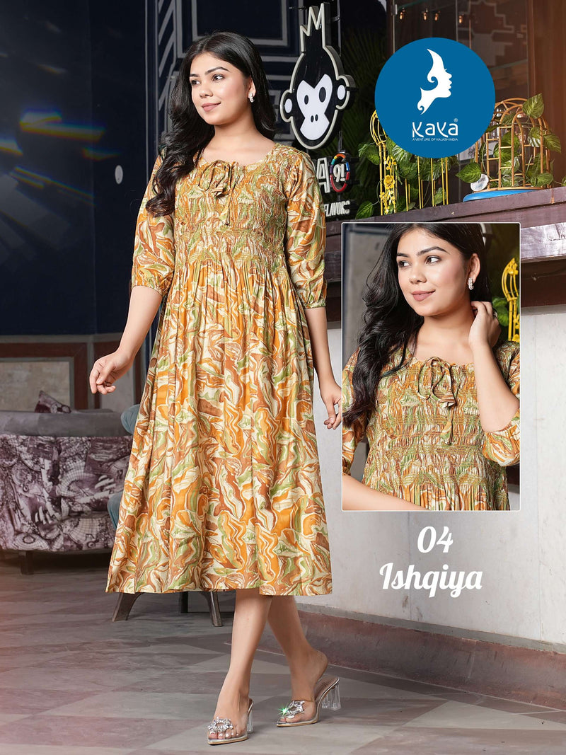 Kaya Ishqiya Chanderi With Foil Print Full Stiched  Fancy Midi Gown