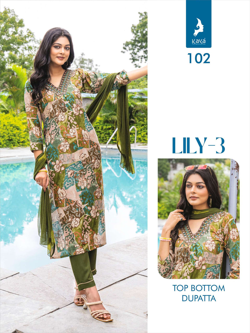 Kaya Lily Vol 3 Rayon Print Casual Wear Kurti Pant Dupatta Set