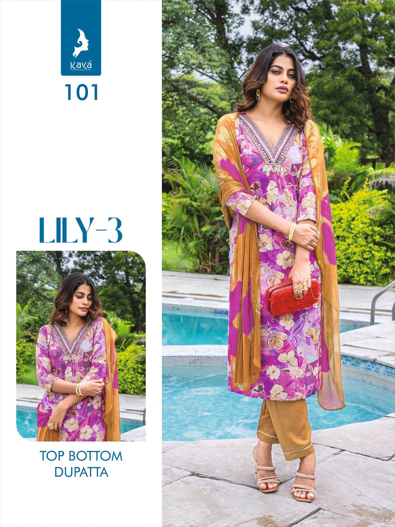 Kaya Lily Vol 3 Rayon Print Casual Wear Kurti Pant Dupatta Set