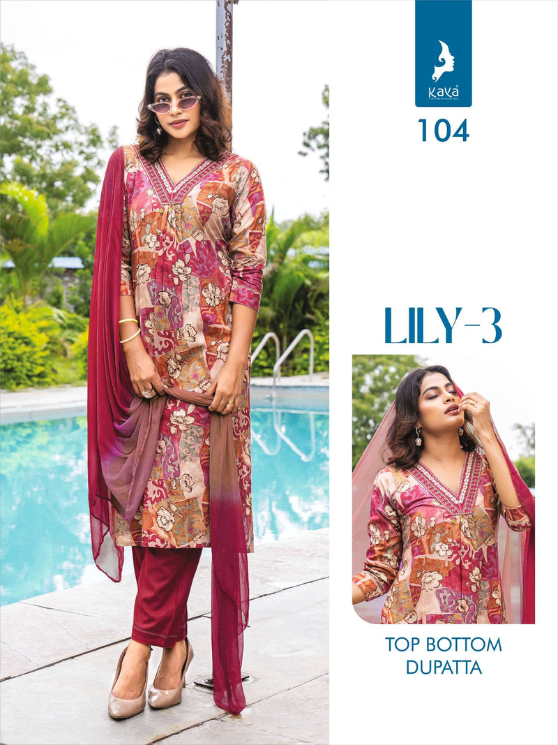 Kaya Lily Vol 3 Rayon Print Casual Wear Kurti Pant Dupatta Set