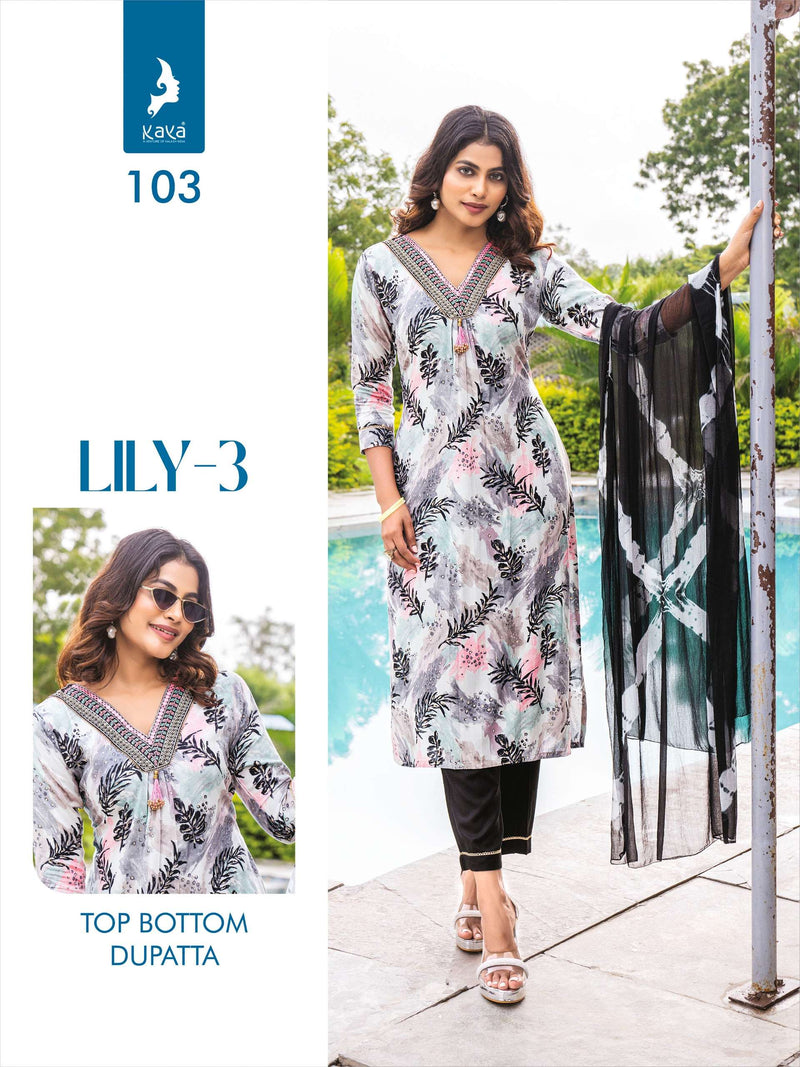 Kaya Lily Vol 3 Rayon Print Casual Wear Kurti Pant Dupatta Set