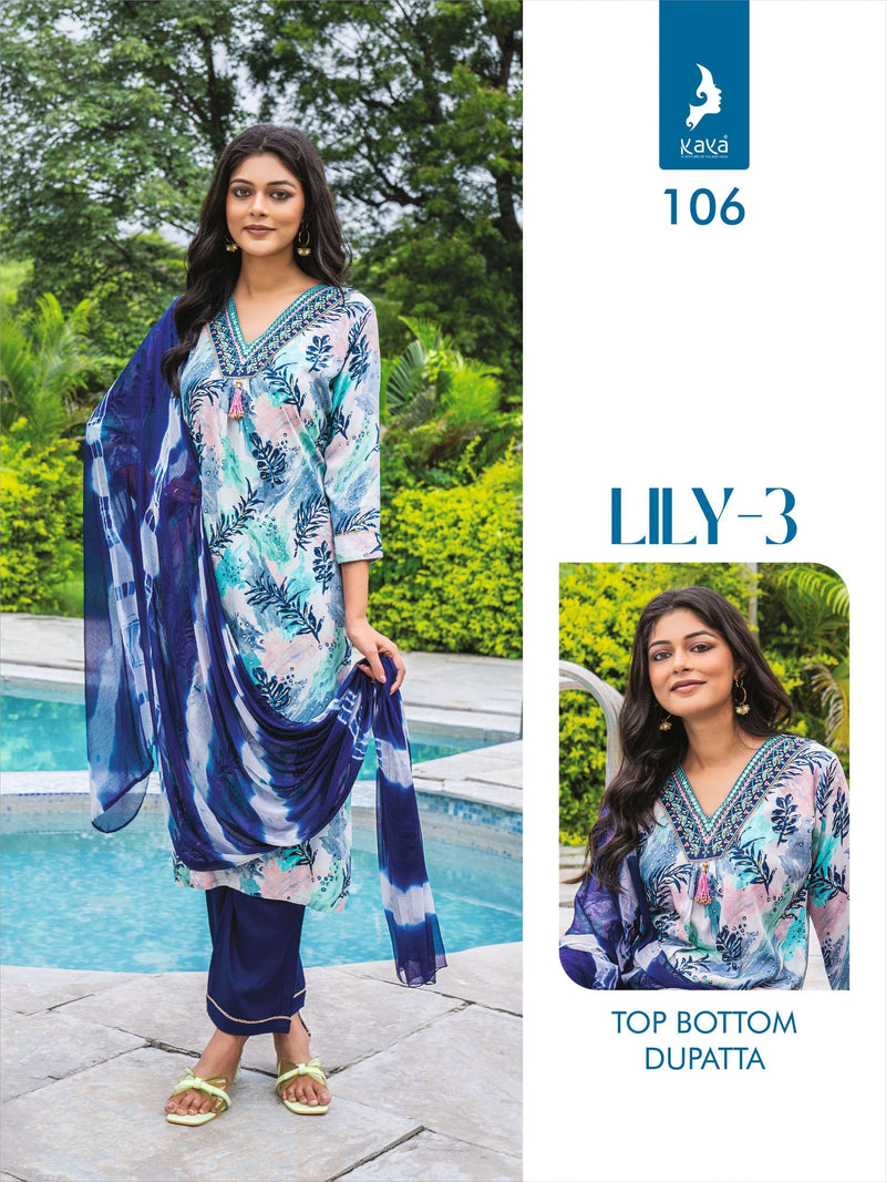 Kaya Lily Vol 3 Rayon Print Casual Wear Kurti Pant Dupatta Set