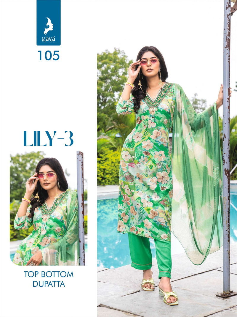 Kaya Lily Vol 3 Rayon Print Casual Wear Kurti Pant Dupatta Set