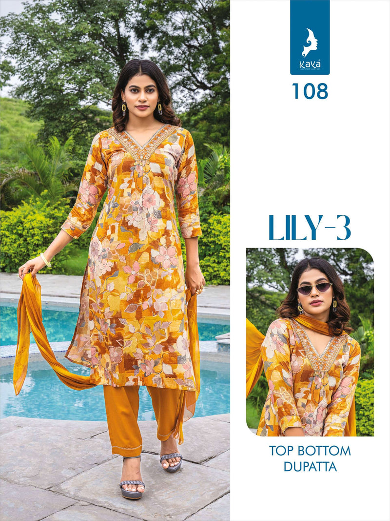 Kaya Lily Vol 3 Rayon Print Casual Wear Kurti Pant Dupatta Set