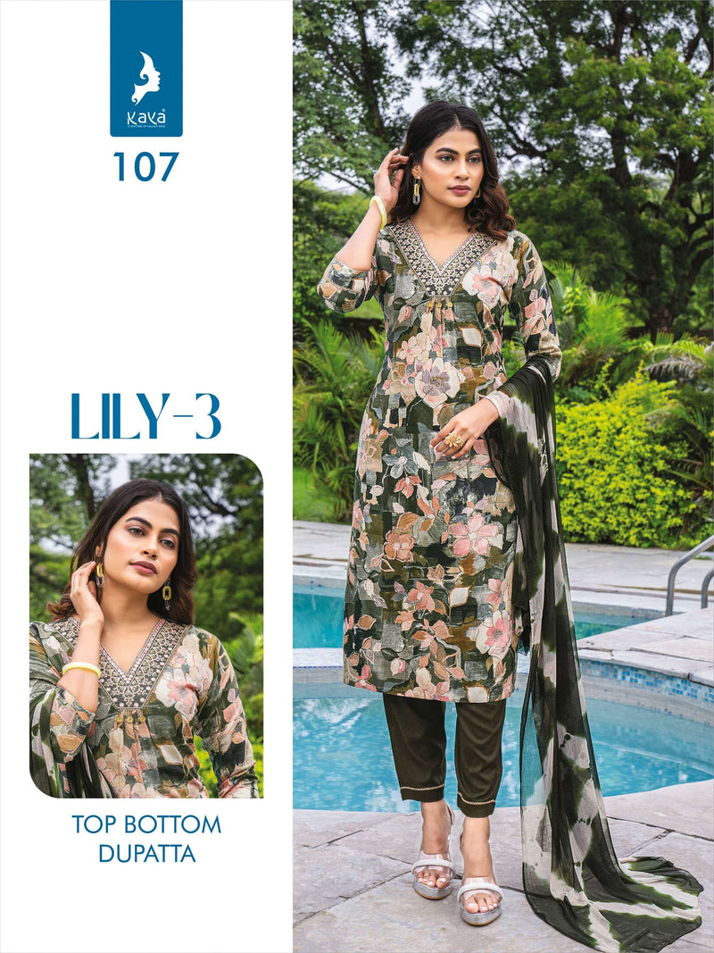 Kaya Lily Vol 3 Rayon Print Casual Wear Kurti Pant Dupatta Set