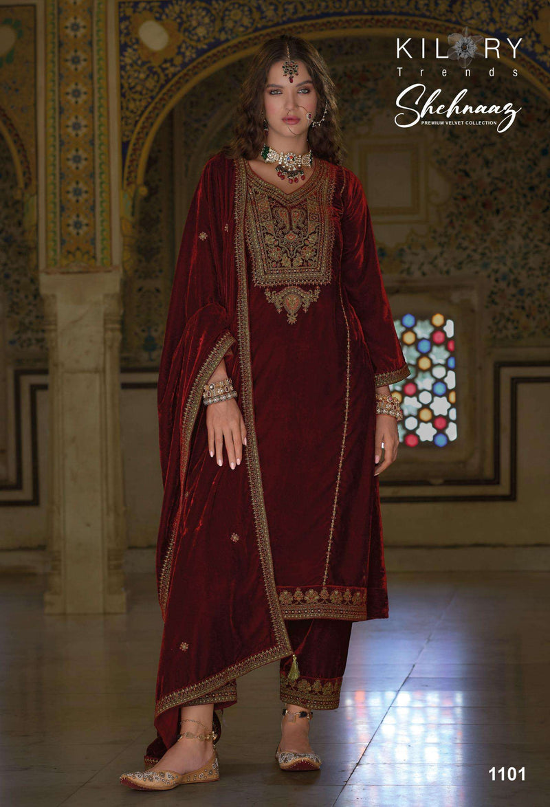 Kilory Trends Shehnaaz Velvet Coding Embroidery Work Suit