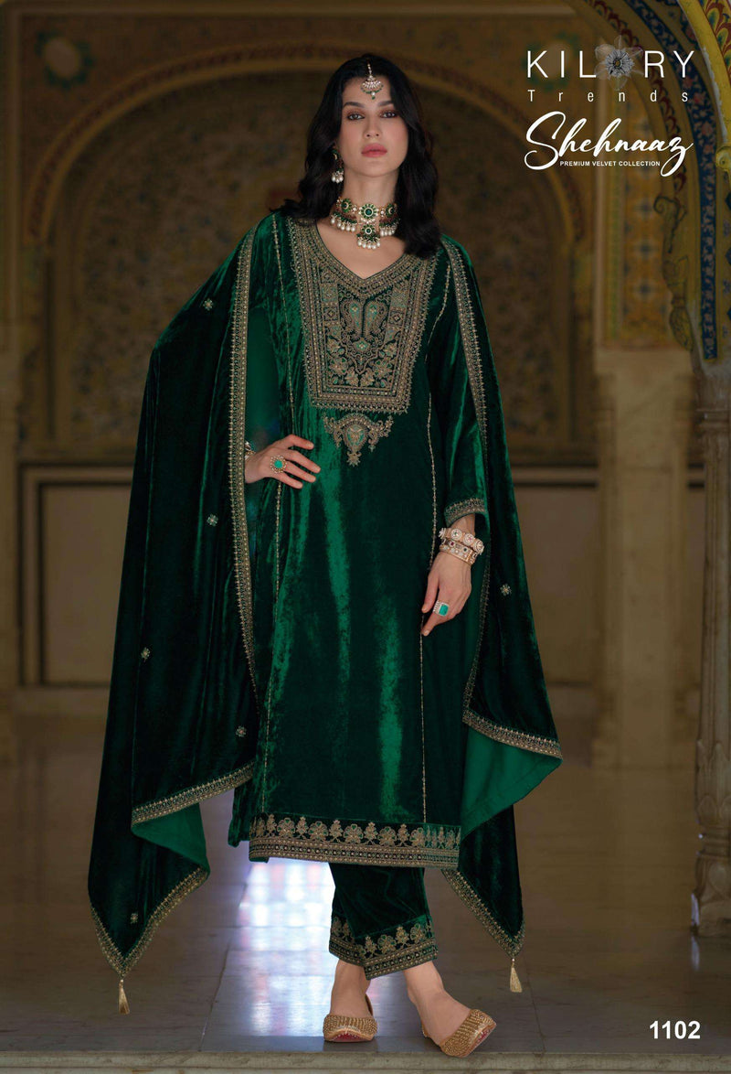 Kilory Trends Shehnaaz Velvet Coding Embroidery Work Suit