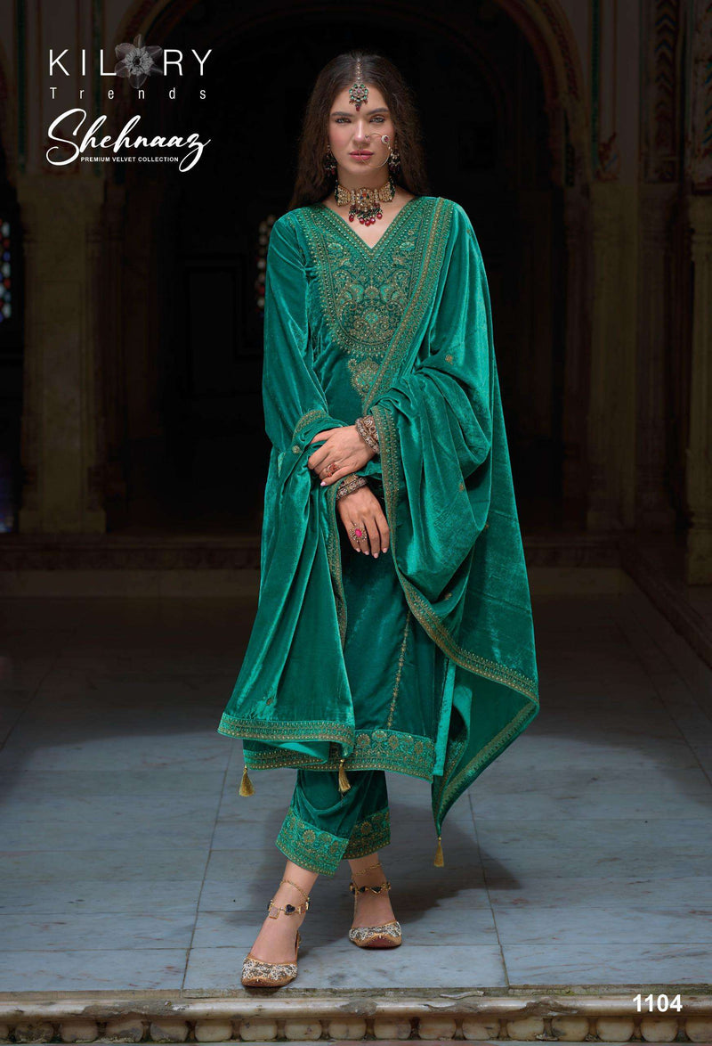 Kilory Trends Shehnaaz Velvet Coding Embroidery Work Suit